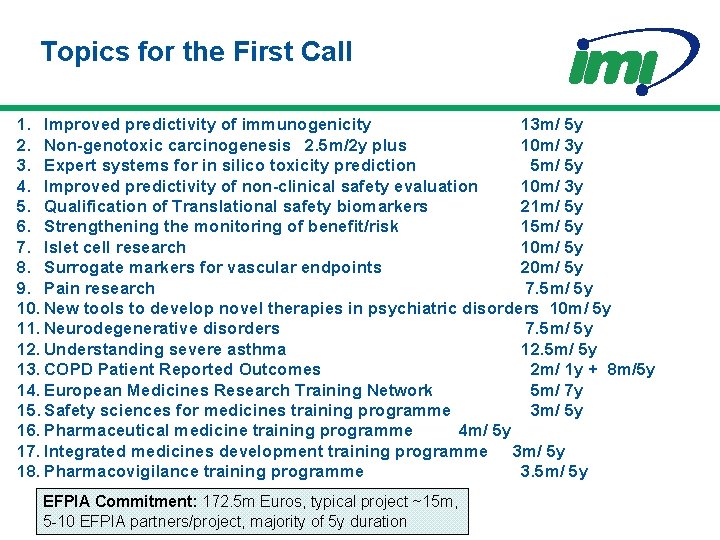 Topics for the First Call 1. Improved predictivity of immunogenicity 13 m/ 5 y