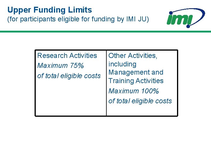 Upper Funding Limits (for participants eligible for funding by IMI JU) Research Activities Maximum