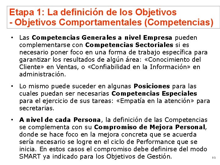 Etapa 1: La definición de los Objetivos - Objetivos Comportamentales (Competencias) • Las Competencias