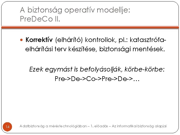 A biztonság operatív modellje: Pre. De. Co II. Korrektív (elhárító) kontrollok, pl. : katasztrófa-