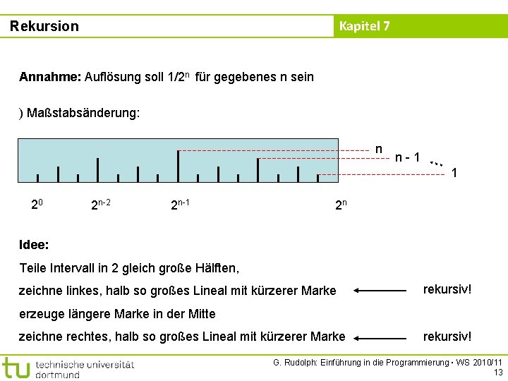 Kapitel 7 Rekursion Annahme: Auflösung soll 1/2 n für gegebenes n sein ) Maßstabsänderung: