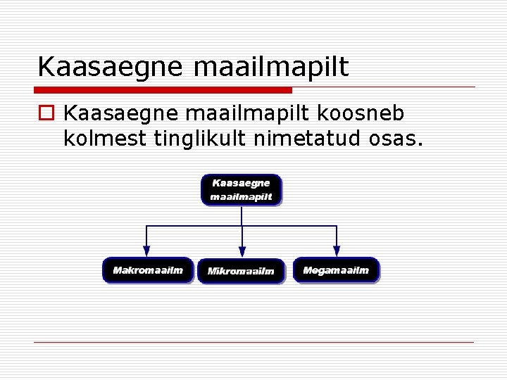 Kaasaegne maailmapilt o Kaasaegne maailmapilt koosneb kolmest tinglikult nimetatud osas. 