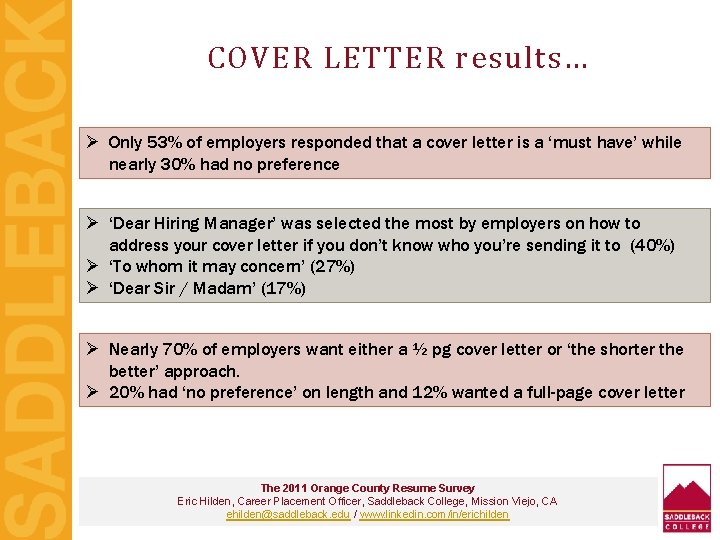 COVER LETTER results… Ø Only 53% of employers responded that a cover letter is