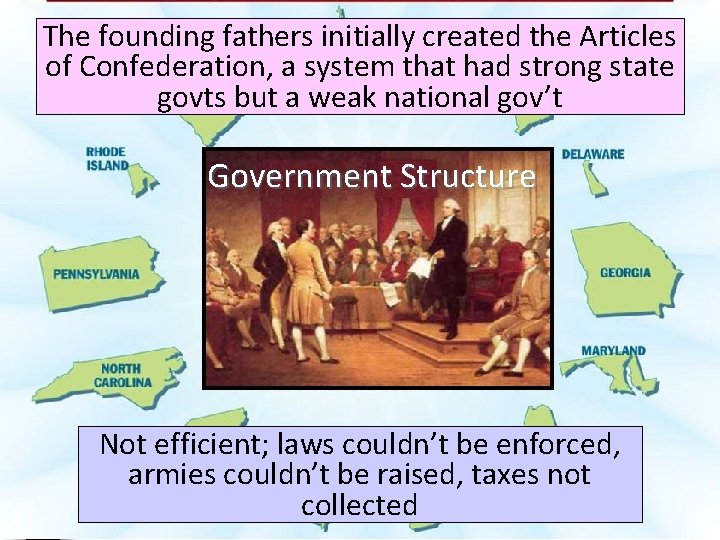 The founding fathers initially created the Articles of Confederation, a system that had strong