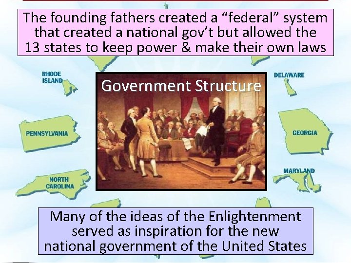 The founding fathers created a “federal” system that created a national gov’t but allowed