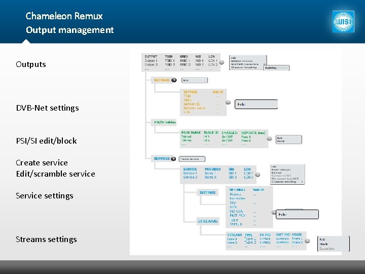 Chameleon Remux Output management Outputs DVB-Net settings PSI/SI edit/block Create service Edit/scramble service Service