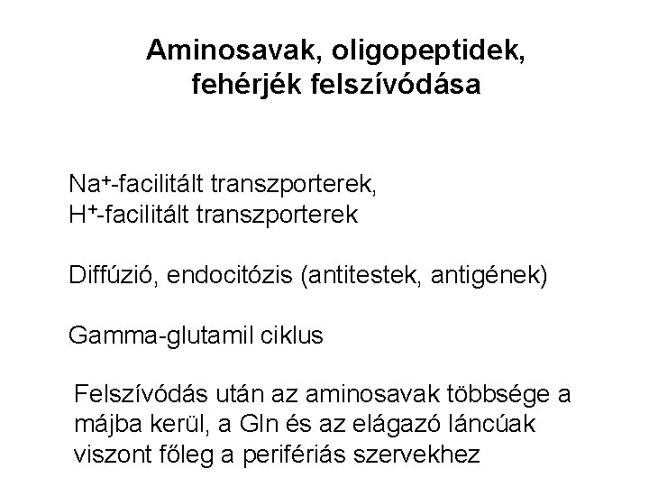 Aminosavak, oligopeptidek, fehérjék felszívódása Na+-facilitált transzporterek, H+-facilitált transzporterek Diffúzió, endocitózis (antitestek, antigének) Gamma-glutamil ciklus