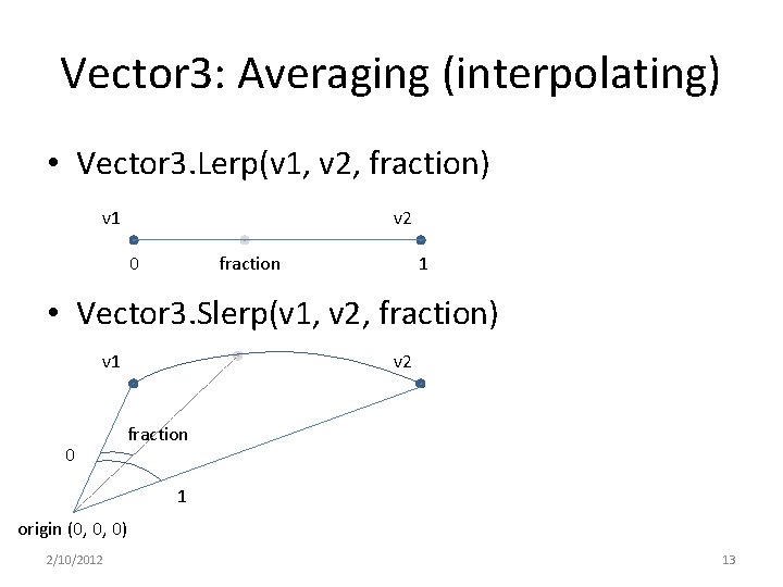 Vector 3: Averaging (interpolating) • Vector 3. Lerp(v 1, v 2, fraction) v 1