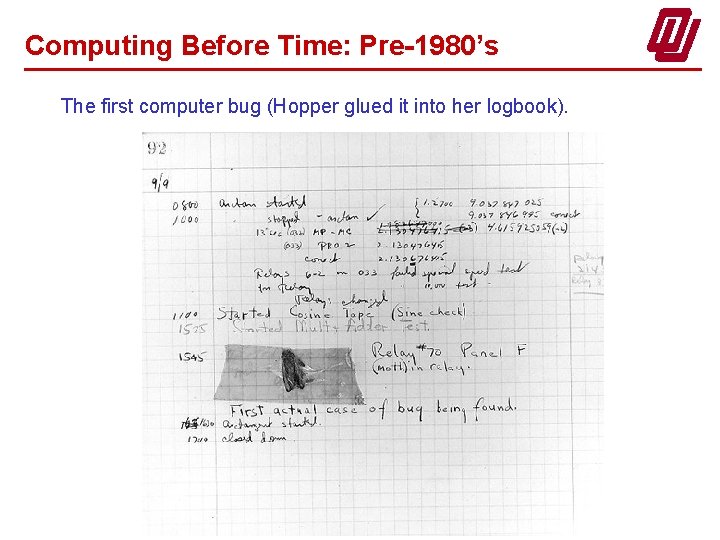 Computing Before Time: Pre-1980’s The first computer bug (Hopper glued it into her logbook).