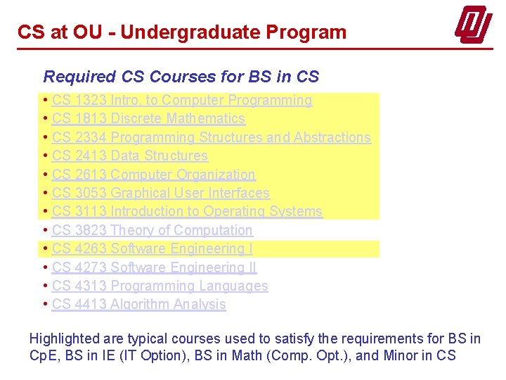 CS at OU - Undergraduate Program Required CS Courses for BS in CS •