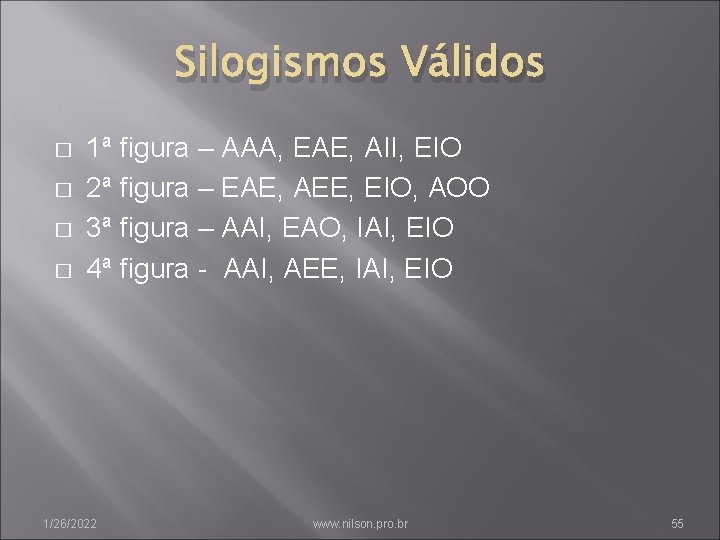 Silogismos Válidos � � 1ª figura – AAA, EAE, AII, EIO 2ª figura –