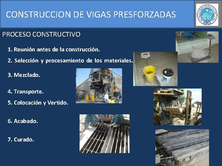 CONSTRUCCION DE VIGAS PRESFORZADAS PROCESO CONSTRUCTIVO 1. Reunión antes de la construcción. 2. Selección