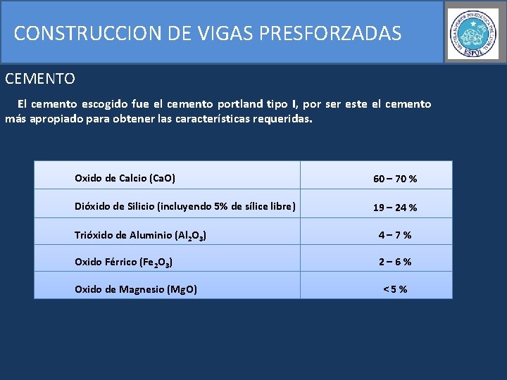 CONSTRUCCION DE VIGAS PRESFORZADAS CEMENTO El cemento escogido fue el cemento portland tipo I,