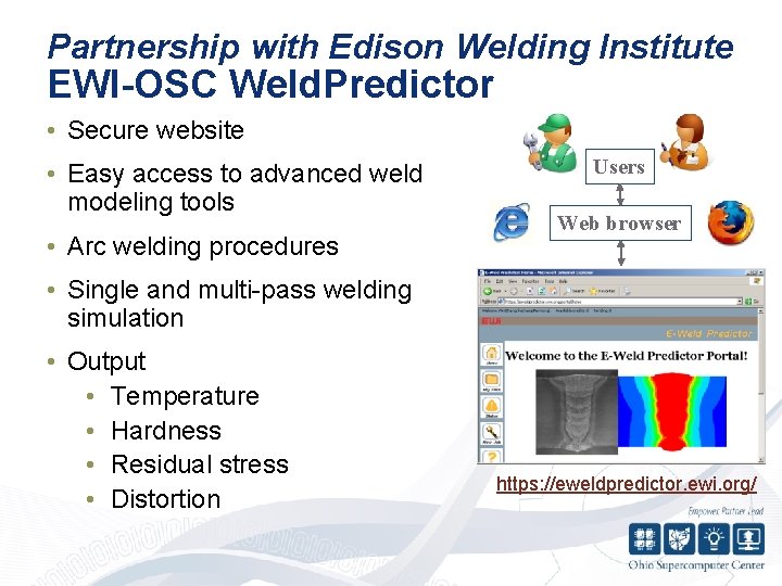 Partnership with Edison Welding Institute EWI-OSC Weld. Predictor • Secure website • Easy access
