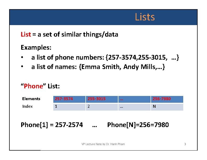 Lists List = a set of similar things/data Examples: • a list of phone