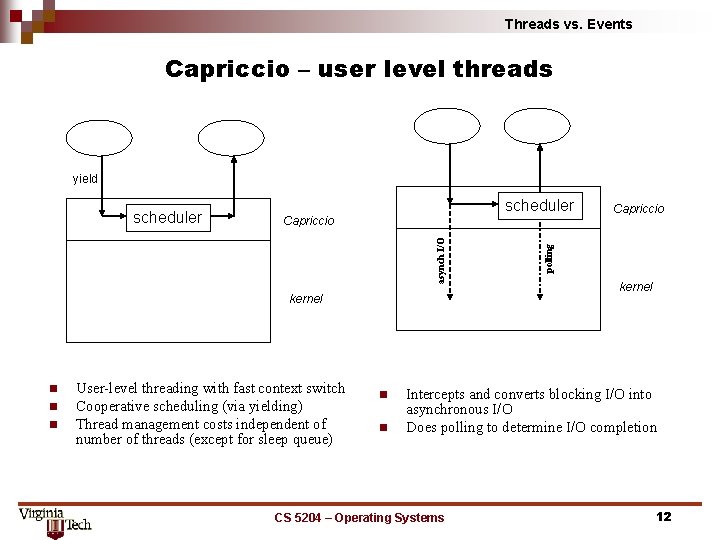 Threads vs. Events Capriccio – user level threads yield Capriccio kernel n n n