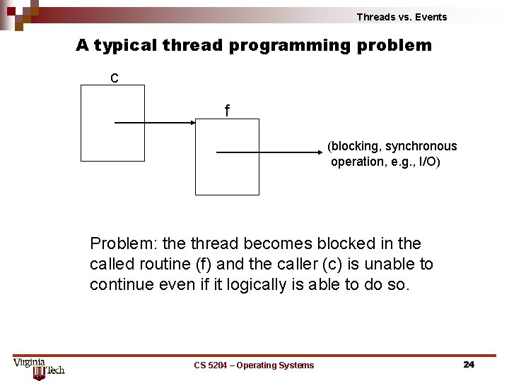 Threads vs. Events A typical thread programming problem c f (blocking, synchronous operation, e.