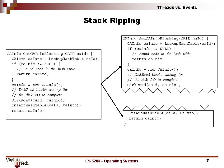 Threads vs. Events Stack Ripping CS 5204 – Operating Systems 7 