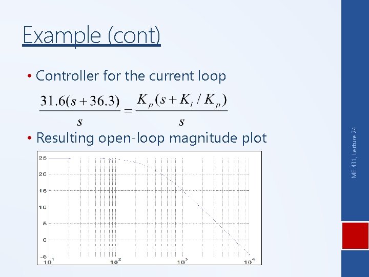 Example (cont) • Resulting open-loop magnitude plot ME 431, Lecture 24 • Controller for