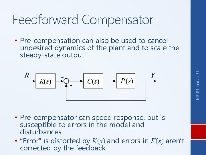 Feedforward Compensator ME 431, Lecture 24 • Pre-compensation can also be used to cancel