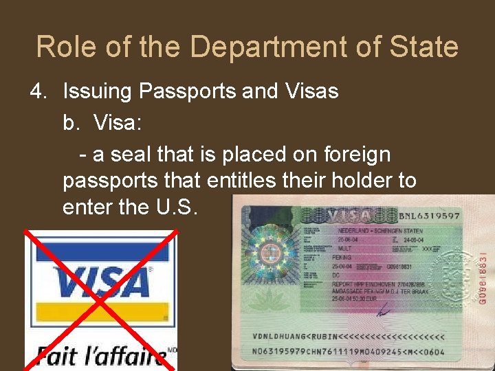 Role of the Department of State 4. Issuing Passports and Visas b. Visa: -