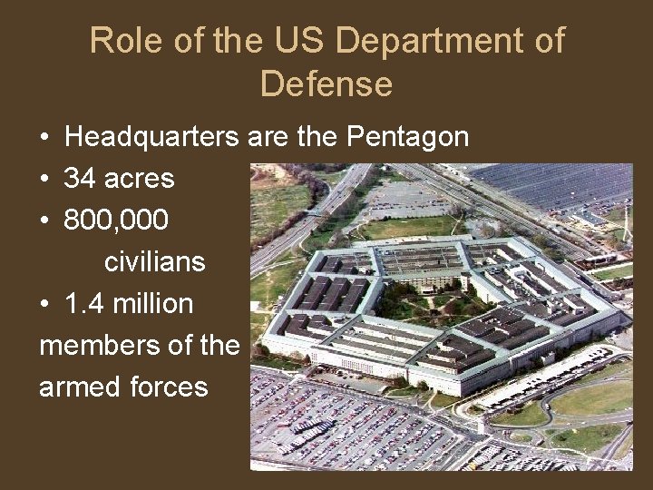 Role of the US Department of Defense • Headquarters are the Pentagon • 34