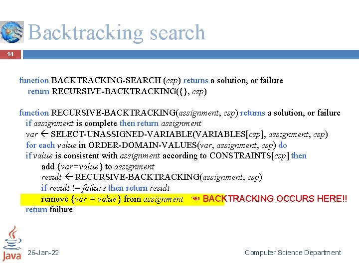 Backtracking search 14 function BACKTRACKING-SEARCH (csp) returns a solution, or failure return RECURSIVE-BACKTRACKING({}, csp)