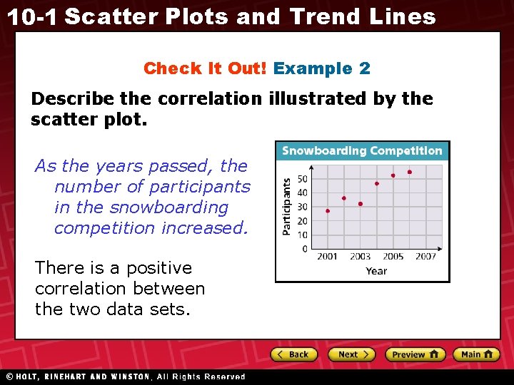 10 -1 Scatter Plots and Trend Lines Check It Out! Example 2 Describe the