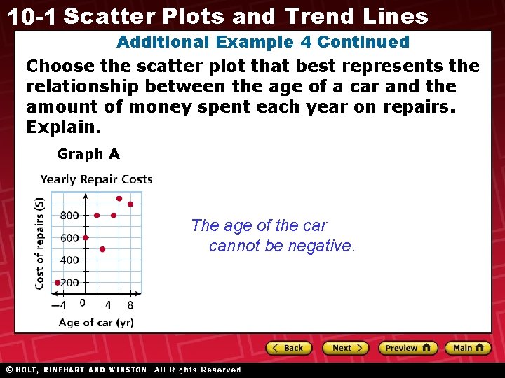 10 -1 Scatter Plots and Trend Lines Additional Example 4 Continued Choose the scatter