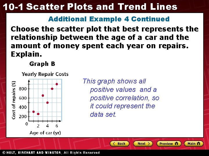 10 -1 Scatter Plots and Trend Lines Additional Example 4 Continued Choose the scatter