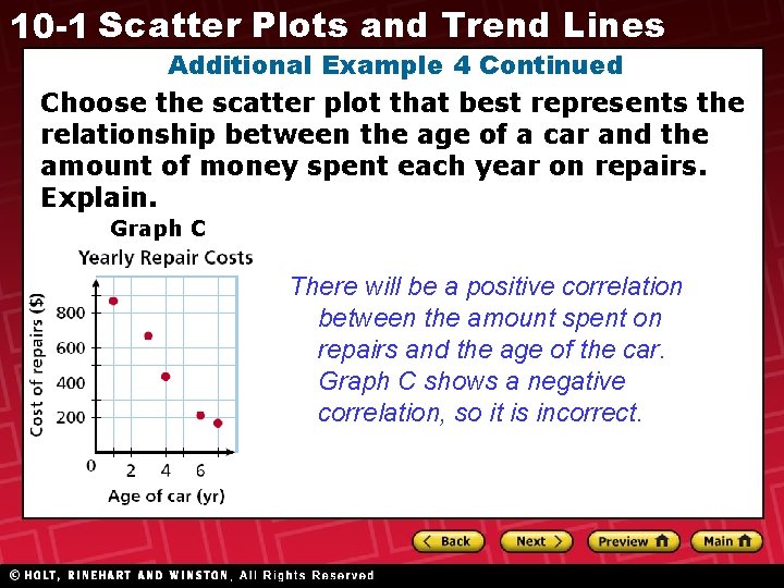 10 -1 Scatter Plots and Trend Lines Additional Example 4 Continued Choose the scatter