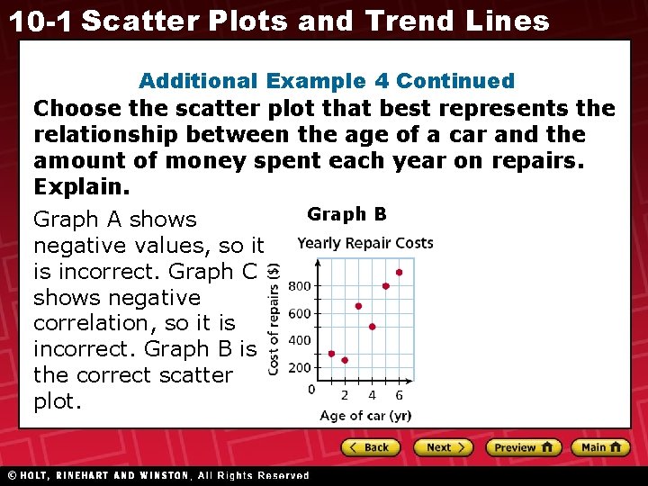 10 -1 Scatter Plots and Trend Lines Additional Example 4 Continued Choose the scatter