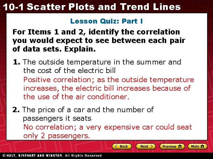 10 -1 Scatter Plots and Trend Lines Lesson Quiz: Part I For Items 1