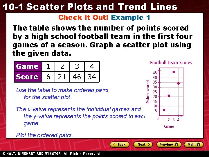 10 -1 Scatter Plots and Trend Lines Check It Out! Example 1 The table