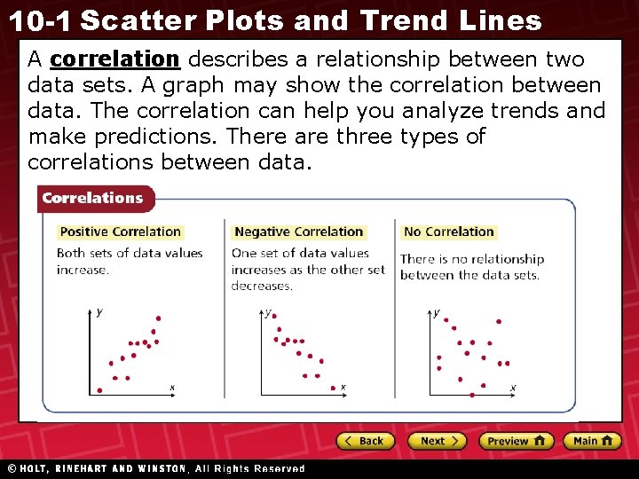 10 -1 Scatter Plots and Trend Lines A correlation describes a relationship between two