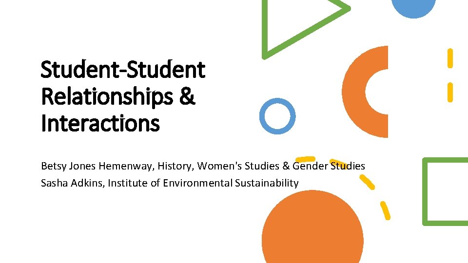 Student-Student Relationships & Interactions Betsy Jones Hemenway, History, Women's Studies & Gender Studies Sasha