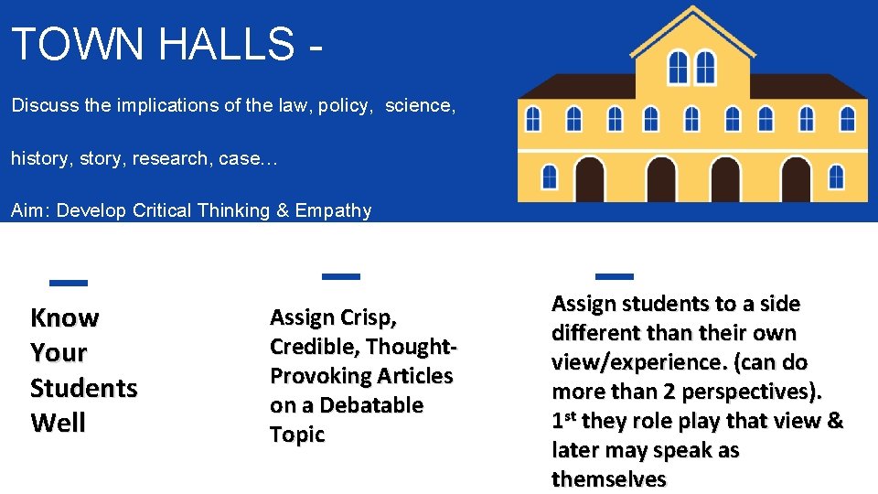 TOWN HALLS Discuss the implications of the law, policy, science, history, research, case… Aim: