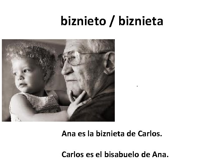 biznieto / biznieta . Ana es la biznieta de Carlos es el bisabuelo de