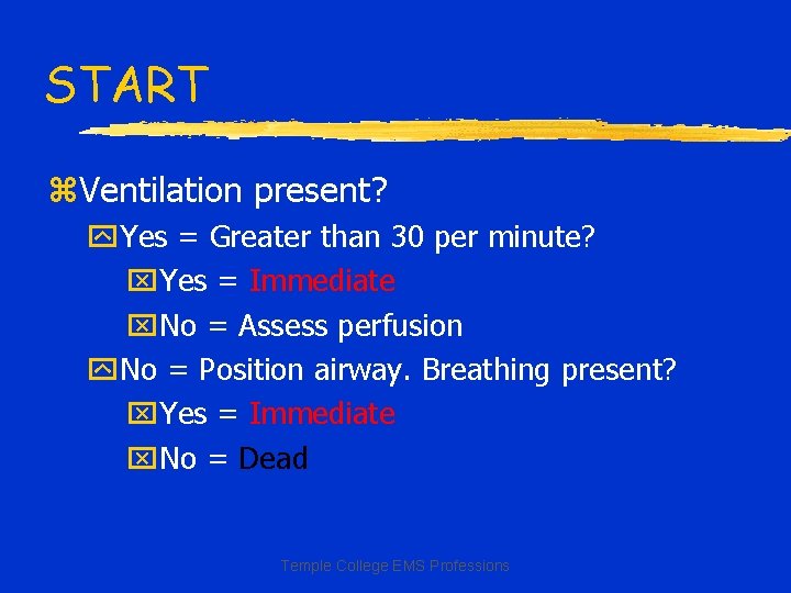 START z. Ventilation present? y. Yes = Greater than 30 per minute? x. Yes