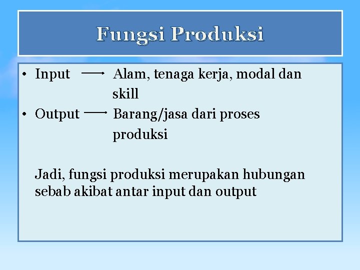 Fungsi Produksi • Input • Output Alam, tenaga kerja, modal dan skill Barang/jasa dari