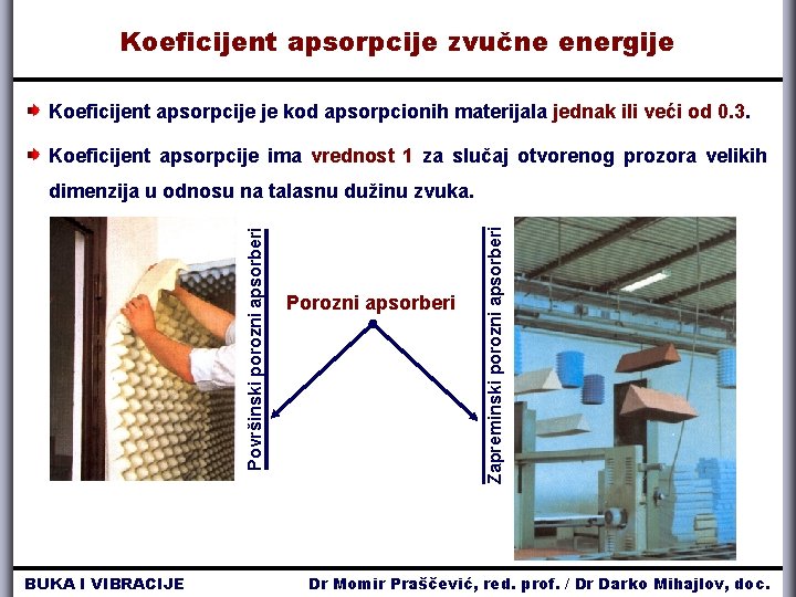 Koeficijent apsorpcije zvučne energije Koeficijent apsorpcije je kod apsorpcionih materijala jednak ili veći od