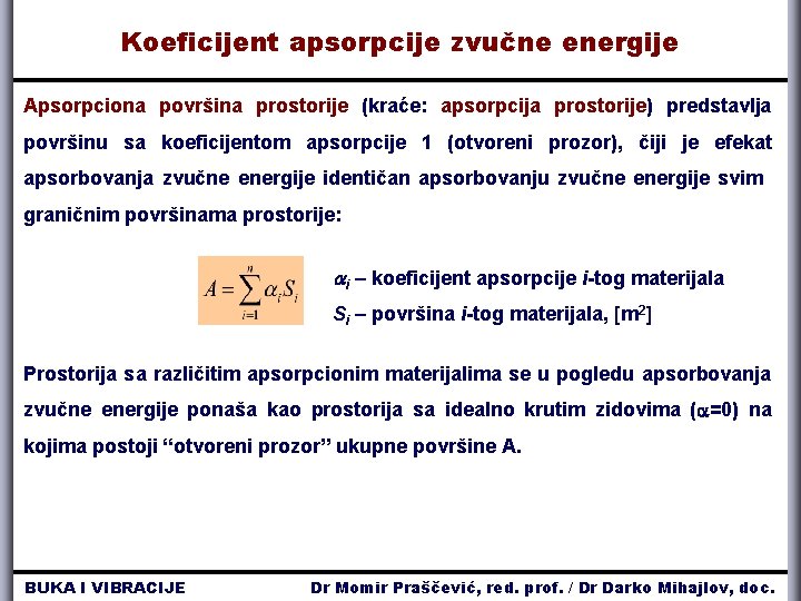 Koeficijent apsorpcije zvučne energije Apsorpciona površina prostorije (kraće: apsorpcija prostorije) predstavlja površinu sa koeficijentom