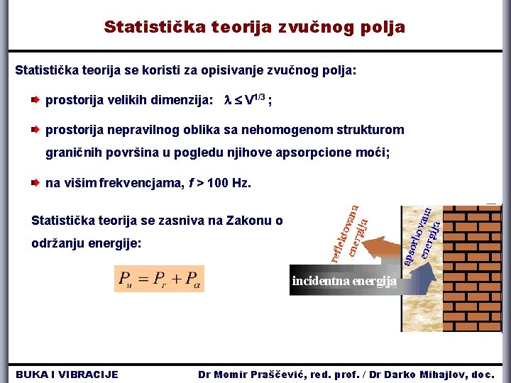 Statistička teorija zvučnog polja Statistička teorija se koristi za opisivanje zvučnog polja: prostorija velikih