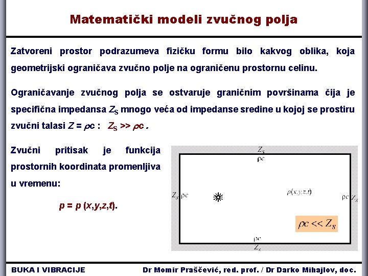 Matematički modeli zvučnog polja Zatvoreni prostor podrazumeva fizičku formu bilo kakvog oblika, koja geometrijski Matematički modeli zvučnog polja Zatvoreni prostor podrazumeva fizičku formu bilo kakvog oblika, koja geometrijski