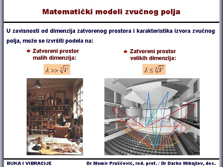 Matematički modeli zvučnog polja U zavisnosti od dimenzija zatvorenog prostora i karakteristika izvora zvučnog