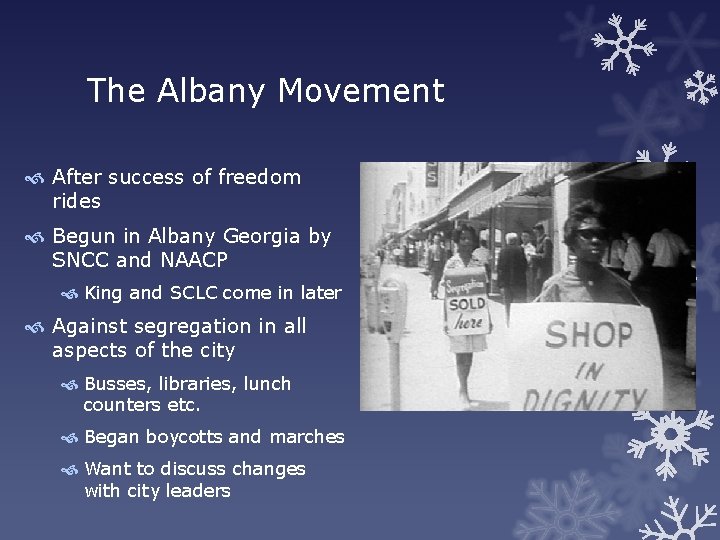 The Albany Movement After success of freedom rides Begun in Albany Georgia by SNCC
