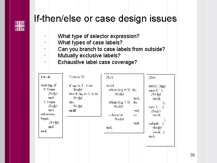 If-then/else or case design issues · · · What type of selector expression? What