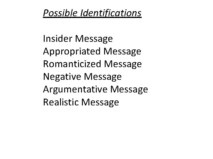 Possible Identifications Insider Message Appropriated Message Romanticized Message Negative Message Argumentative Message Realistic Message