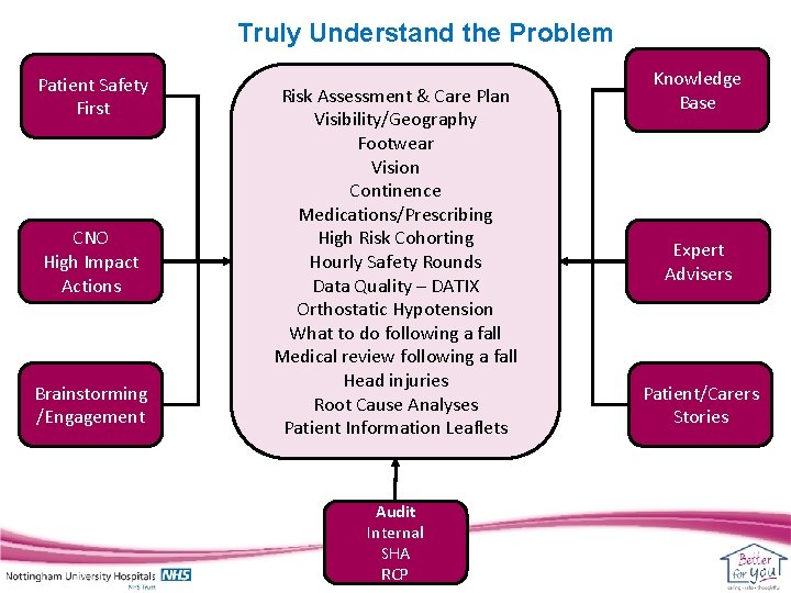 Truly Understand the Problem Patient Safety First CNO High Impact Actions Brainstorming /Engagement Risk