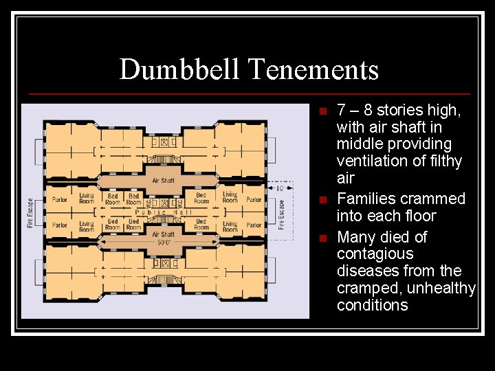 Dumbbell Tenements n n n 7 – 8 stories high, with air shaft in